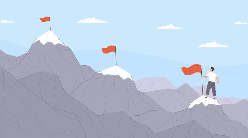 An illustration of a person climbing a mountain with three peaks and a red goal flag on each peak.